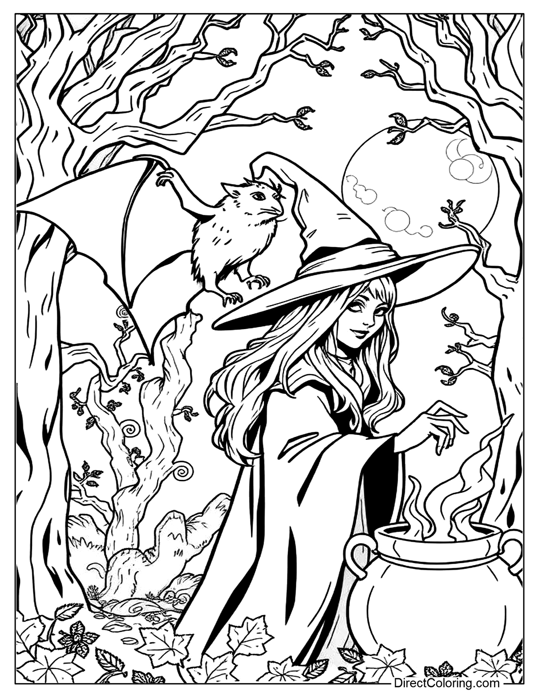 Bat with Witch Coloring Sheet